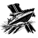 A jet Boat passing in front of a cross that turns into a scar tattoo design idea