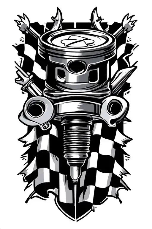 Holden symb, piston, spanner, spark plug, Chequered flag tattoo design idea