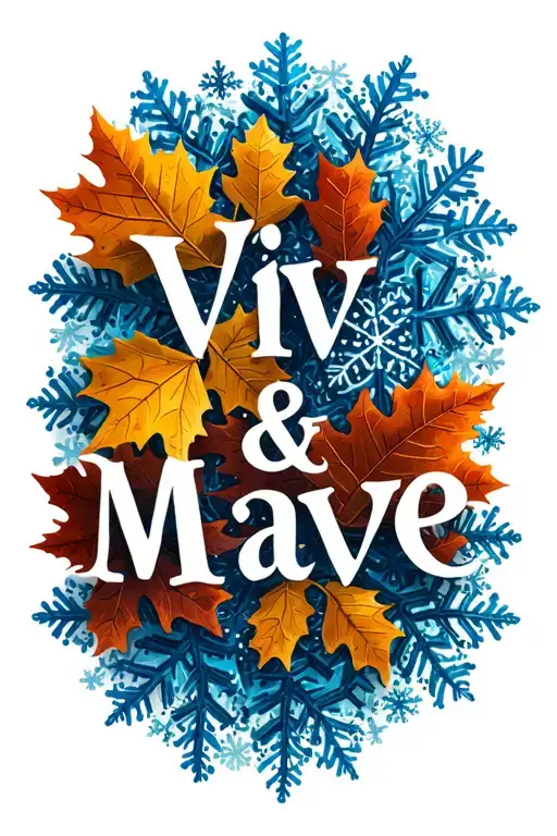 The words Viv & Maeve in large, thick lettering, surrounded by autumn leaves and blue snowflakes tattoo design idea