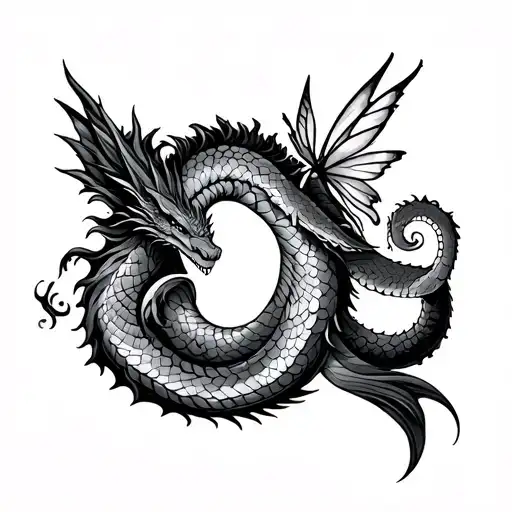 Dragon Thunder Snakes Mermaid and Fairy on the side of the belly tattoo design idea