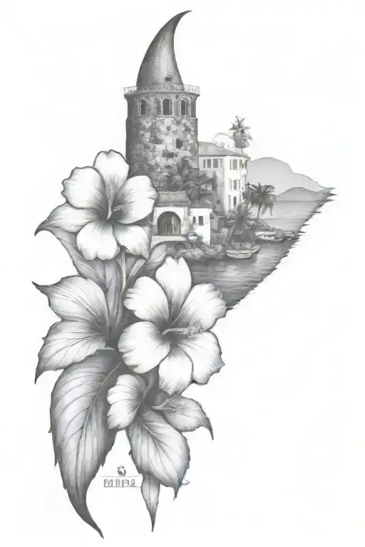 Ibiza, sea, boats, tropical leaves, hibiscus, village with flat roofs and a tower with three windows tattoo design idea