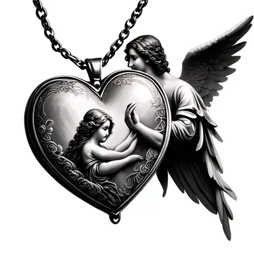 heart shaped locket with angel holding tattoo design idea