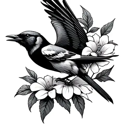 Mississippi mocking jay bird flying with flower blooming tattoo design idea