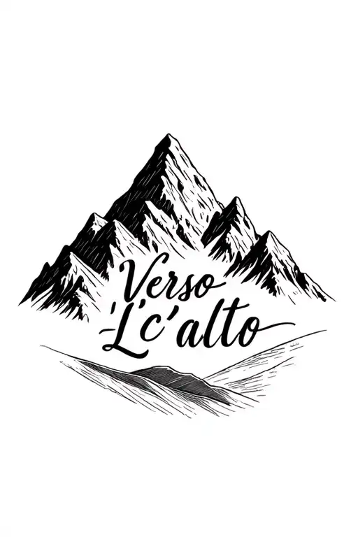 "Verso L'alto" "Verso L'alto" simple mountain silhouette with medium sized cursive writing up the side tattoo design idea
