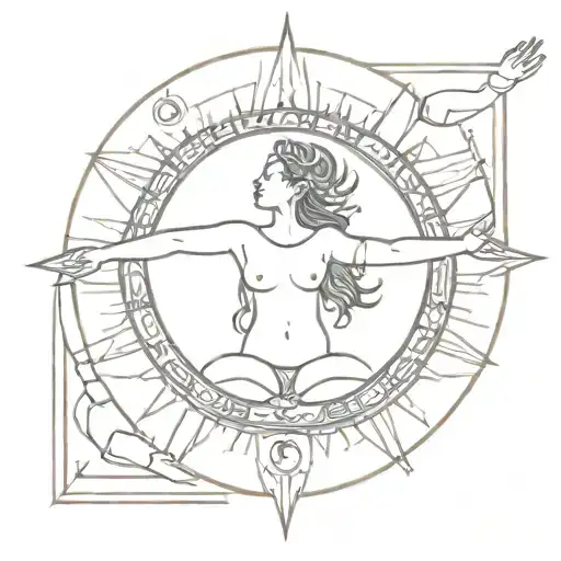 A woman's figure with her arms wide open holding a moon one hand and a sun on the other, inside a mandala tattoo design idea