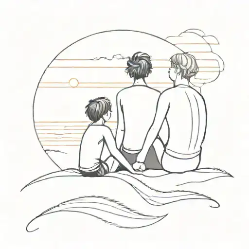 a boy and a girl, sitting on a sand dune, in front of a sunset, facing the ocean. tattoo design idea