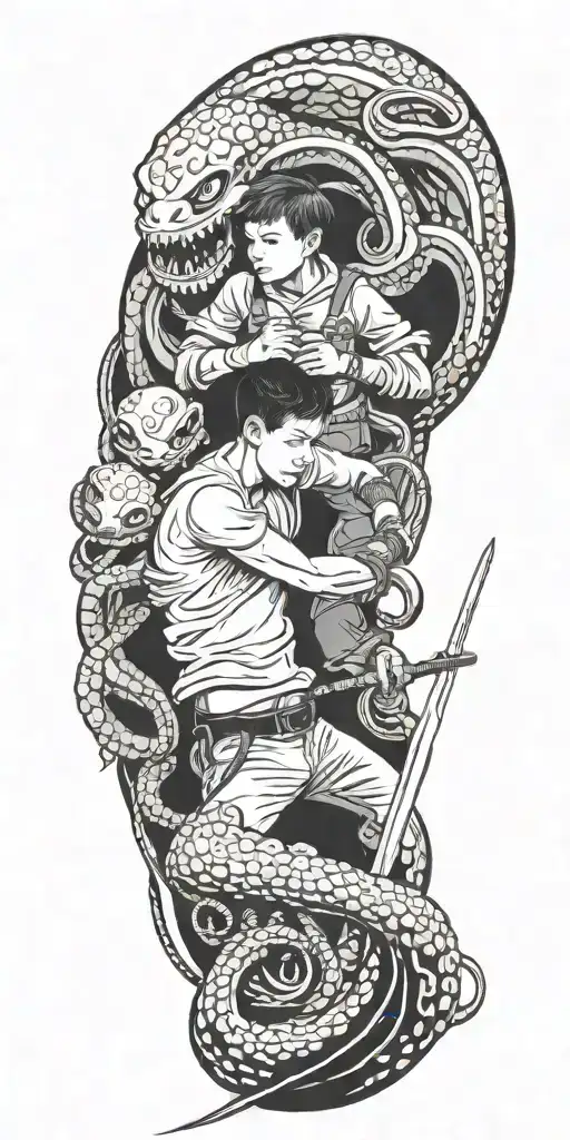 one boy with sword fights octopus tattoo design idea