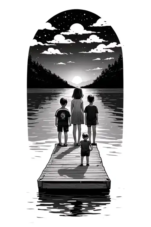 3 kids standing on dock extending into a serene one girl in the middle, girl needs to be smallest, then one boy a little tattoo design idea