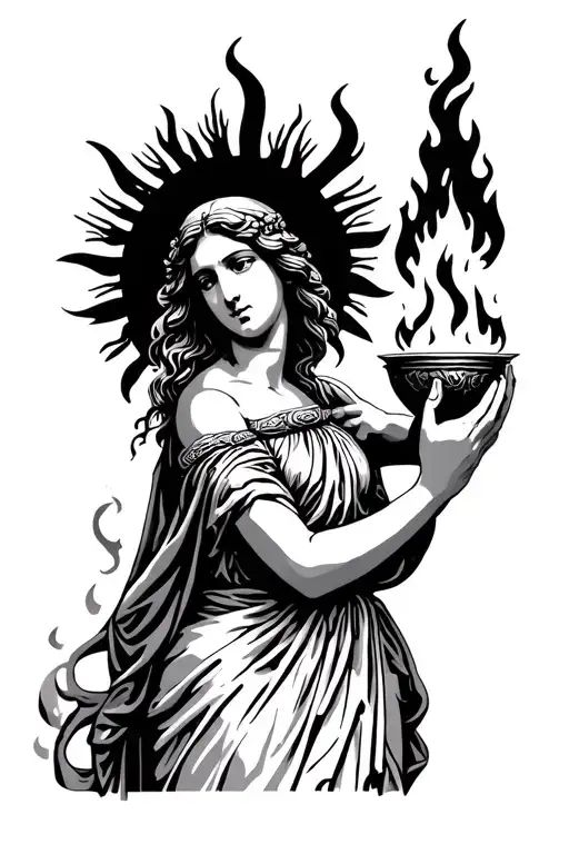 Greek goddess hestia holding fire in hands tattoo design idea
