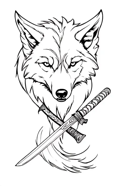 A wolf around a katana through the sides of top to bottom tattoo design idea