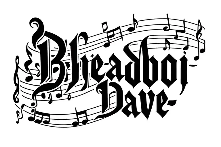 "Bailey-Rae" Bhadboi Dave written in old English with musical notes tattoo design idea
