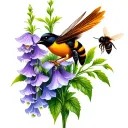 throstle bird, bumble bee, star, foxglove flowers tattoo design idea