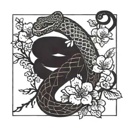 A singular snake wrapped around a cherry blossom tree with flowers on it tattoo design idea