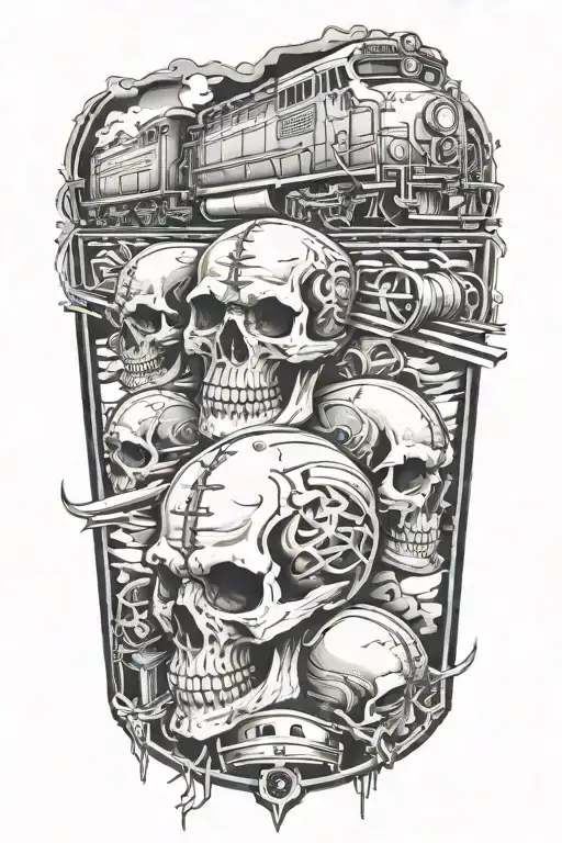 evil train tracks with skulls and engine camshafts harley style tattoo design idea