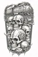 evil train tracks with skulls and engine camshafts harley style tattoo design idea