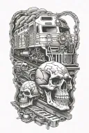 evil train tracks with skulls and engine camshafts harley style tattoo design idea