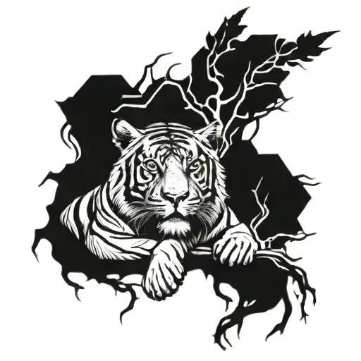 A tiger laying on a tree branch with sun beam cutting through darkness  tattoo design idea
