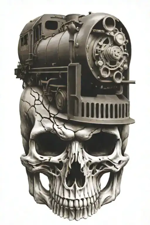 railroad train tracks going into the distance with evil skulls and harley davidson engine parts tattoo design idea