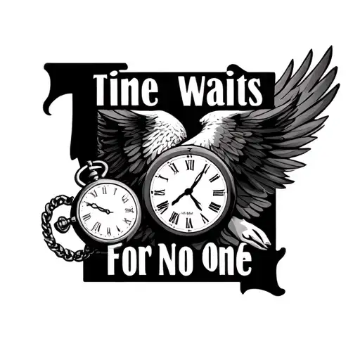 "Time Waits for No One" american eagle and pocket watch surrounded tattoo design idea