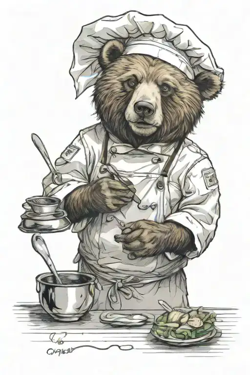 A sarcastic cheeky bear who is a chef preparing tattoo design idea