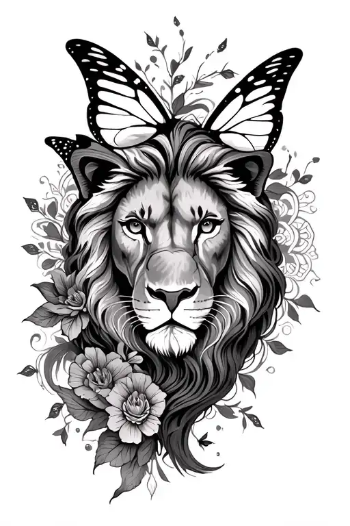 dark fantasy leg tattoo with a majestic lion’s face, its mane flowing into floral and mandala patterns. some butterflies tattoo design idea