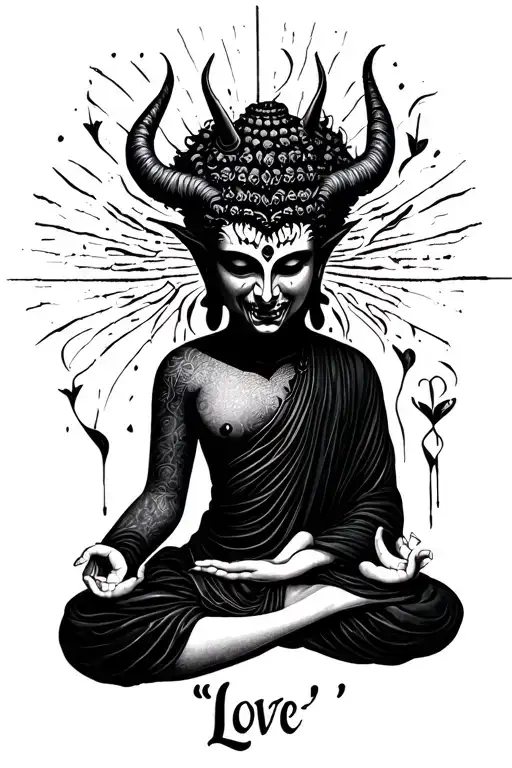 "Love " "Love " buda half meditating devil face emerging tattoo design idea