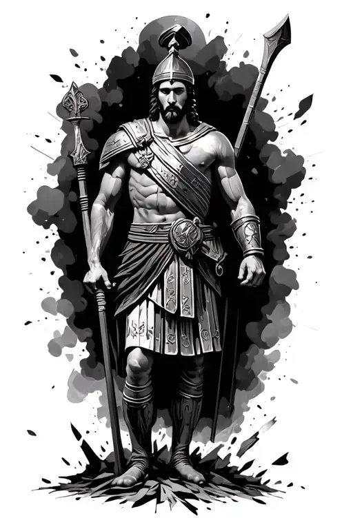 greek roman soldier standing proudly surrounded by ashes of war tattoo design idea