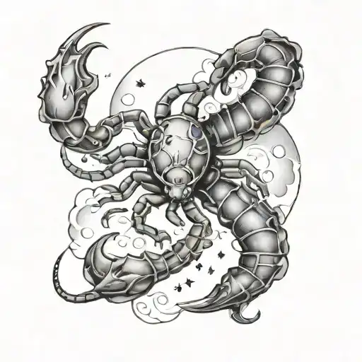 Scorpio constelation wit some clouds surrounding, a fátima hand   in thecenter of design tattoo design idea