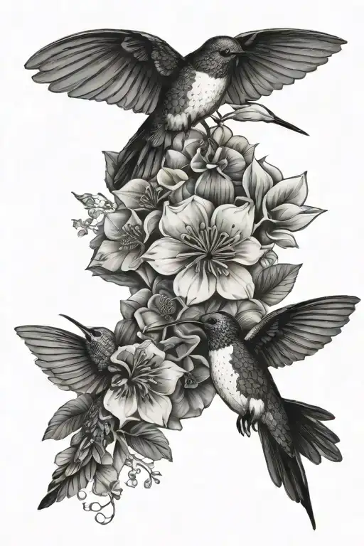 hummingbirds, bees, florals, honeycomb filler full sleeve tattoo design idea