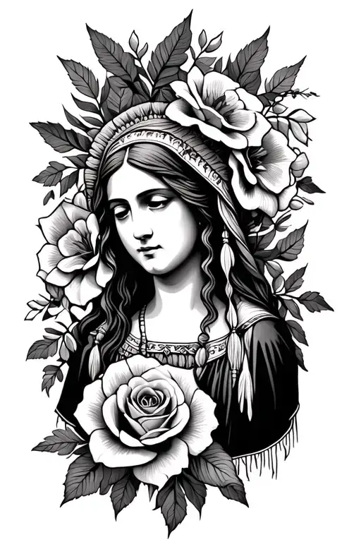 native madonna and roses blooming flowers tattoo design idea