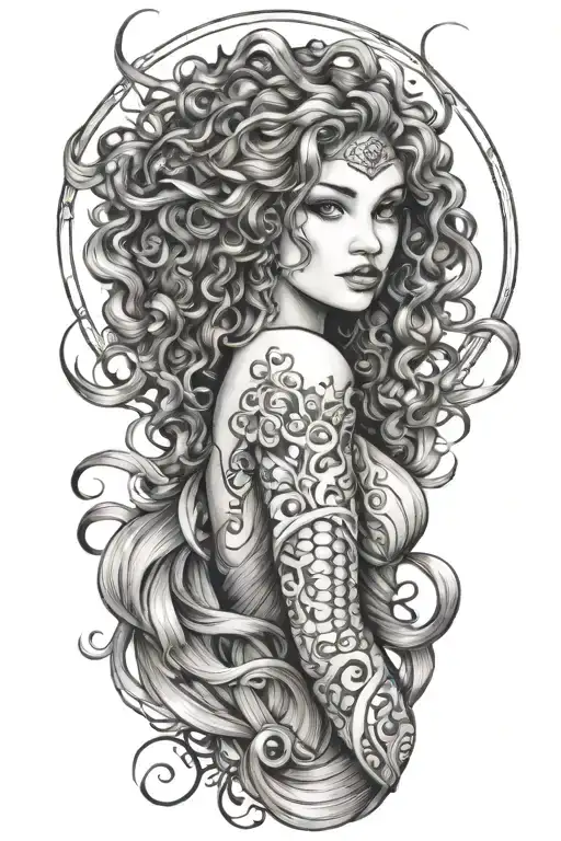 athena sleeve tattoo curly hair tangled together tattoo design idea