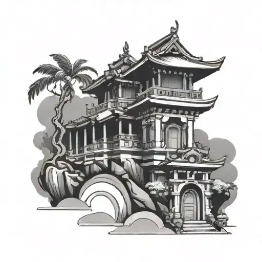 bali temple on mountain tattoo design idea
