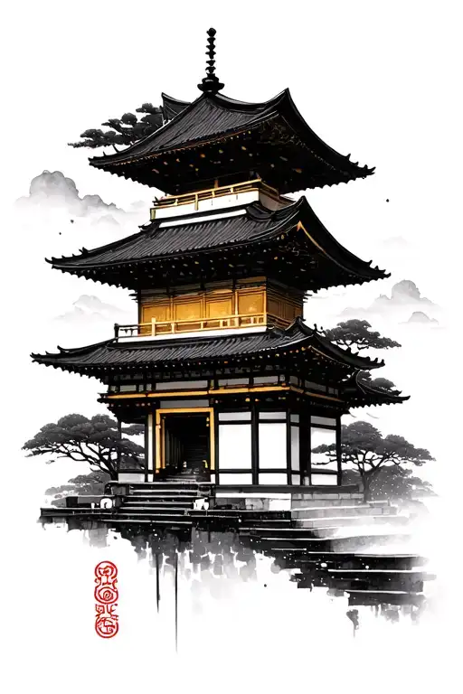 Japanese temple with Kintsugi tattoo design idea