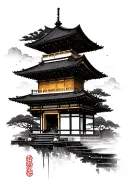 Japanese temple with Kintsugi tattoo design idea