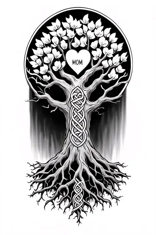 tree of life Celtic with roots deep and love knot on upper forearm with MOM in roots and Kimmy in heart carved into tree tattoo design idea