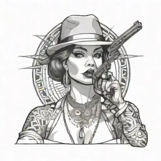 gangster girl with gun, Chicano style tattoo design idea