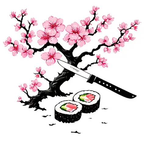 sushi and sakura tree and knife black and white tattoo design idea