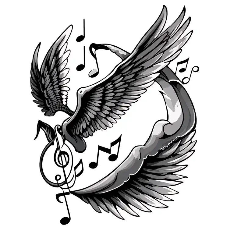 music, quavers, wings flying tattoo design idea