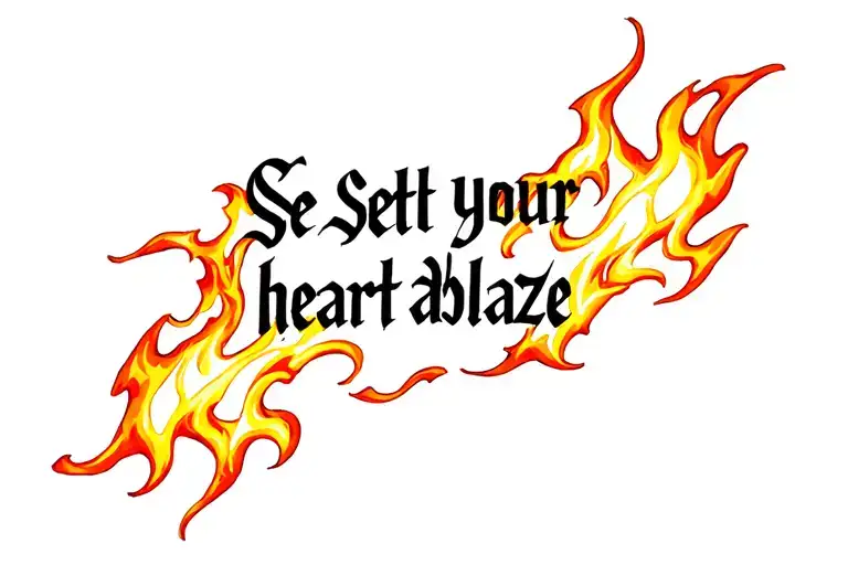 "Set your heart ablaze" font on fire flames tattoo design idea