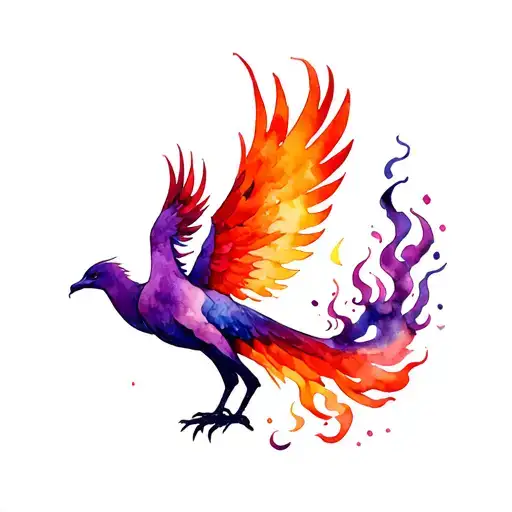 Purple Phoenix rising from ashes and flames tattoo design idea