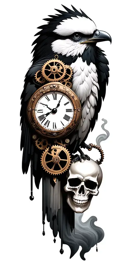skulls and smoke white bird steampunk clock with gears  tattoo design idea