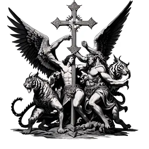 Jacob fighting a angel with other angels fighting with tigers and dragons and a crusader cross with a mendella  tattoo design idea