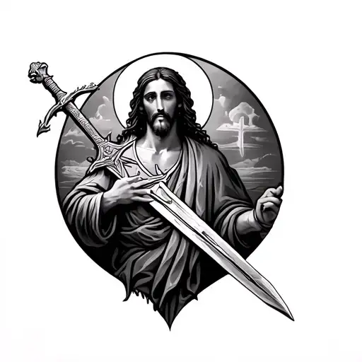back tattoo with sword and Jesus Christ tattoo design idea