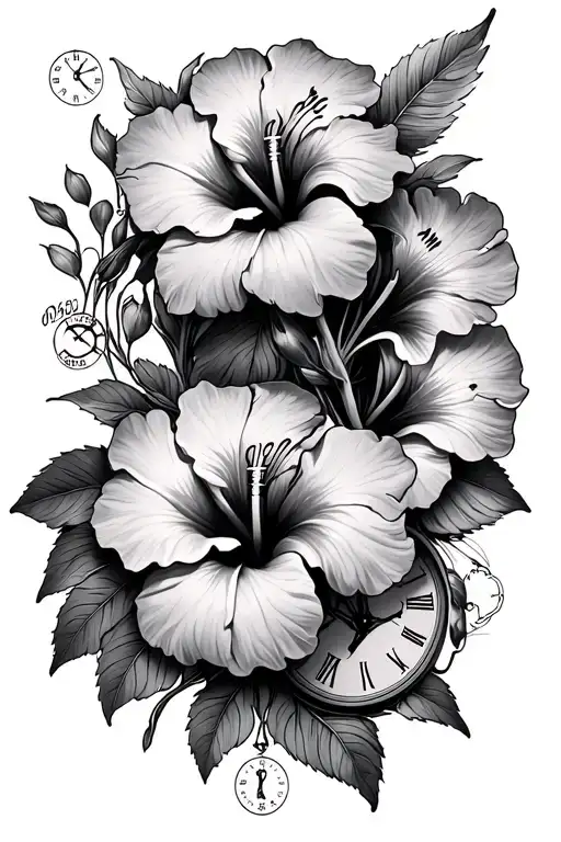 hibiscus flower intertwined, goddess saggitarius zodiac sign,  4 clocks showing different times 0156, 0056, 1418, 0920 tattoo design idea