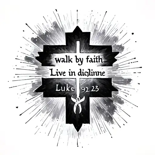 bold Latin cross with bible scripture Luke 9:23 "walk by faith Live in discipline" no background tattoo design idea