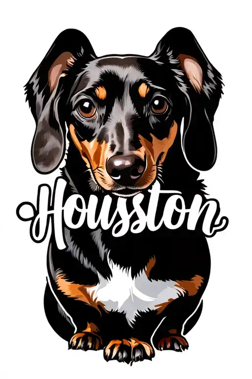 linear outline of a dachshund, one line, incorporating the name Houston into the middle of the dogs outline tattoo design idea