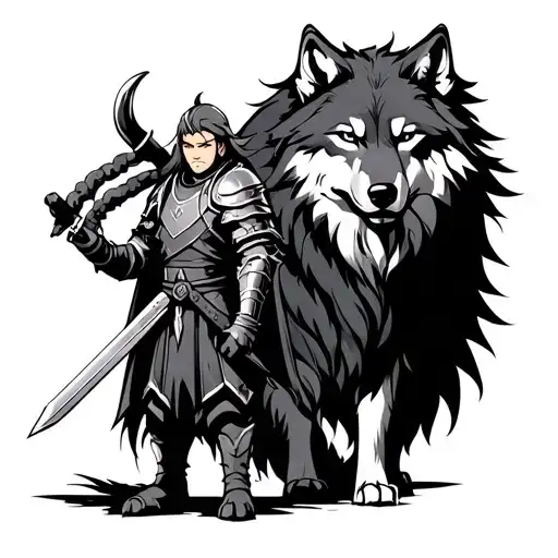 An anime-style character with viking armor and a sword, standing alongside a majestic wolf in a black-grey design tattoo design idea