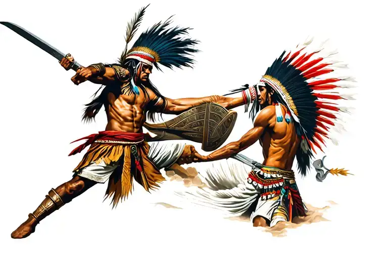 half indian half conquistador warrior battling tattoo design idea