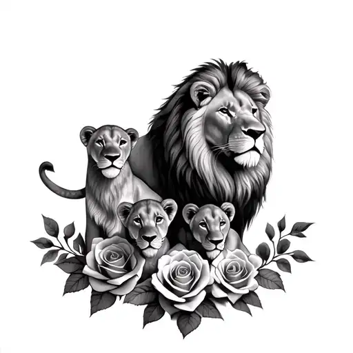 lions and 3 cubs with roses tattoo design idea