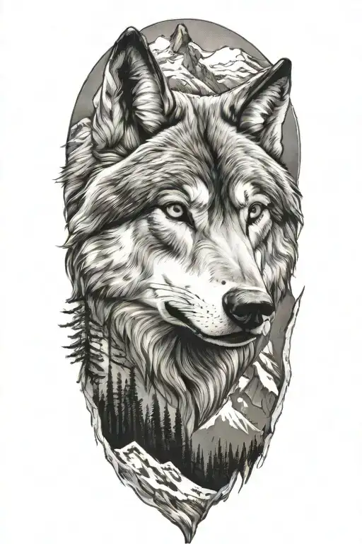 wolf and mountains tattoo design idea